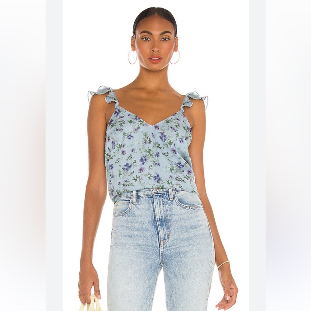 CAMI NYC Cara Chiffon Cami in Blue Size Large Floral Ruffle Cottagecore Boho